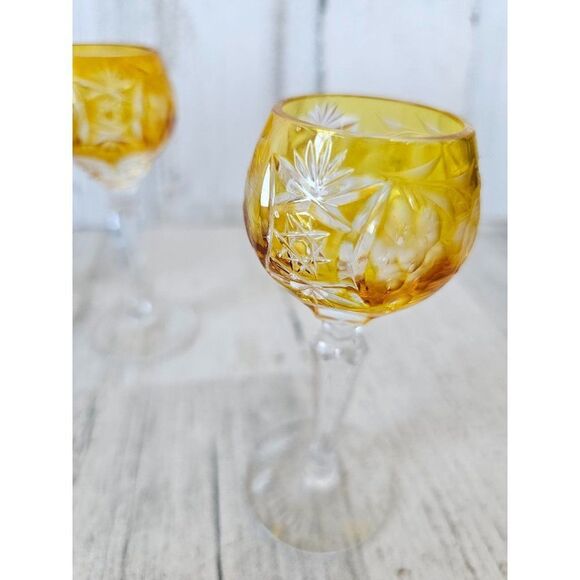 Vintage czech cut glass‎ yellow mini cordial glasses shot wine - Picture 3 of 9